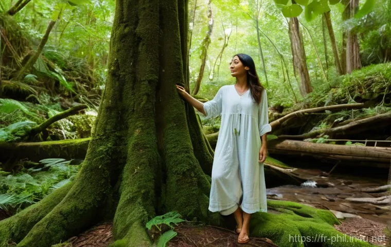 생태철학과 지속 가능성 논의 - **A Woman Reconnecting with Nature:** A serene, full-body shot of a woman in her late 20s or early 3...
